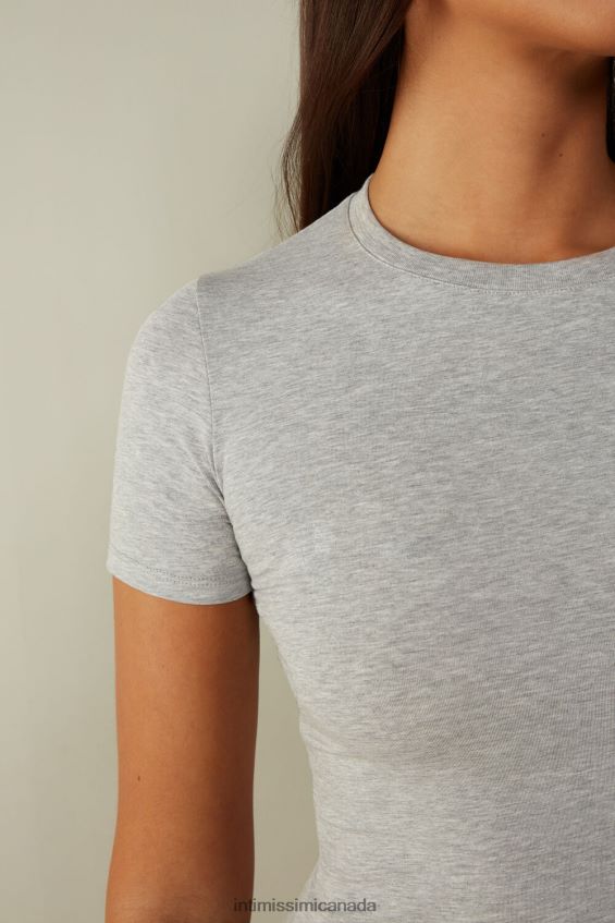 Apparel CA Intimissimi Women Short-Sleeved Stretch Supima Cotton Top 031-Light Grey Melange DD6R6T1415