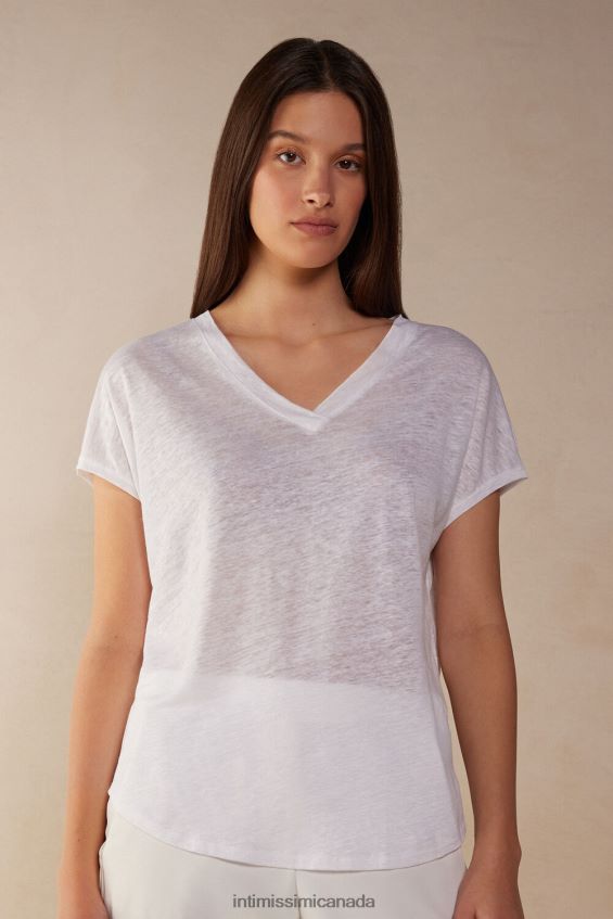 Apparel CA Intimissimi Women Short-sleeved Linen Top with V Neck 001-White DD6R6T1314