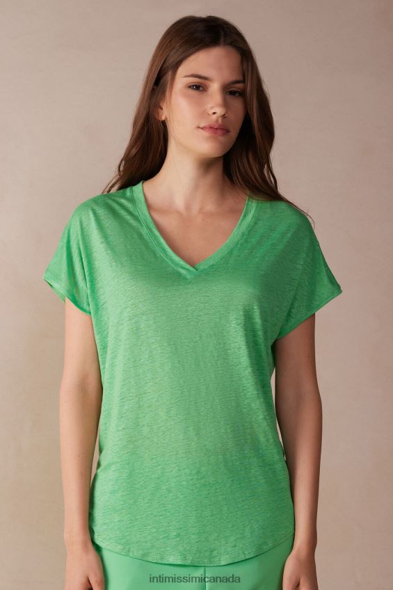 Apparel CA Intimissimi Women Short-sleeved Linen Top with V Neck 218J-Apple Mint DD6R6T1310