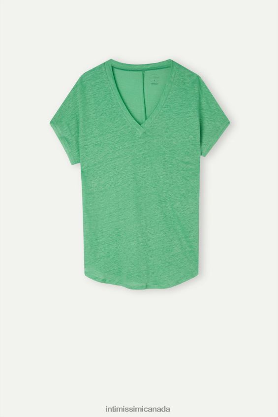 Apparel CA Intimissimi Women Short-sleeved Linen Top with V Neck 218J-Apple Mint DD6R6T1310