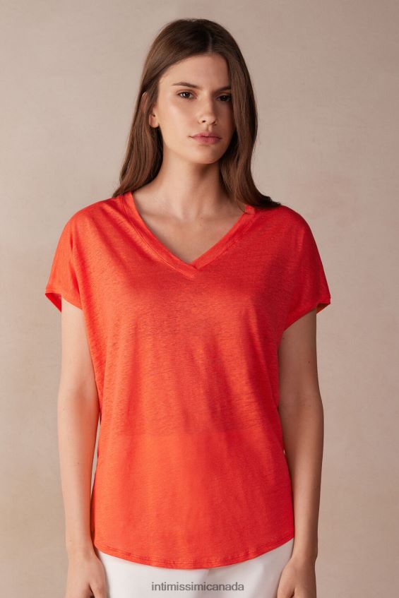 Apparel CA Intimissimi Women Short-sleeved Linen Top with V Neck 219J-Flame Scarlet DD6R6T1306