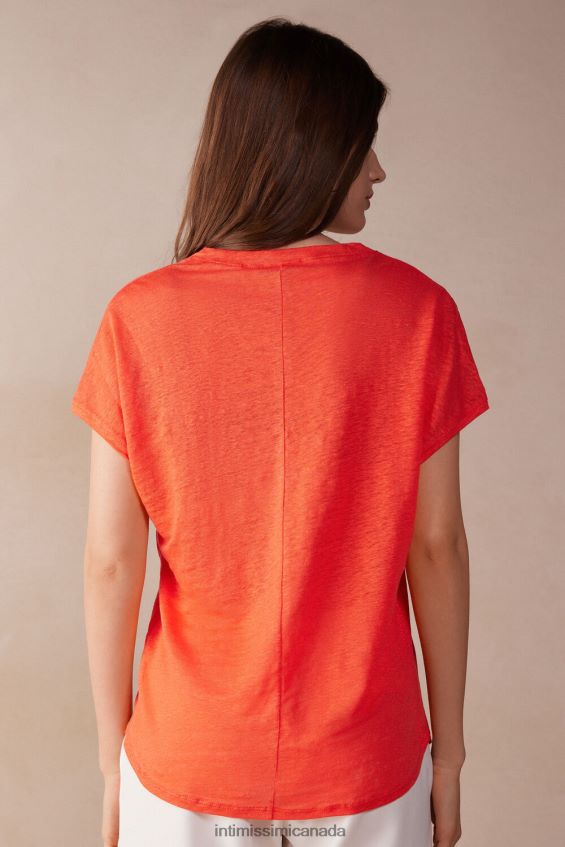 Apparel CA Intimissimi Women Short-sleeved Linen Top with V Neck 219J-Flame Scarlet DD6R6T1306
