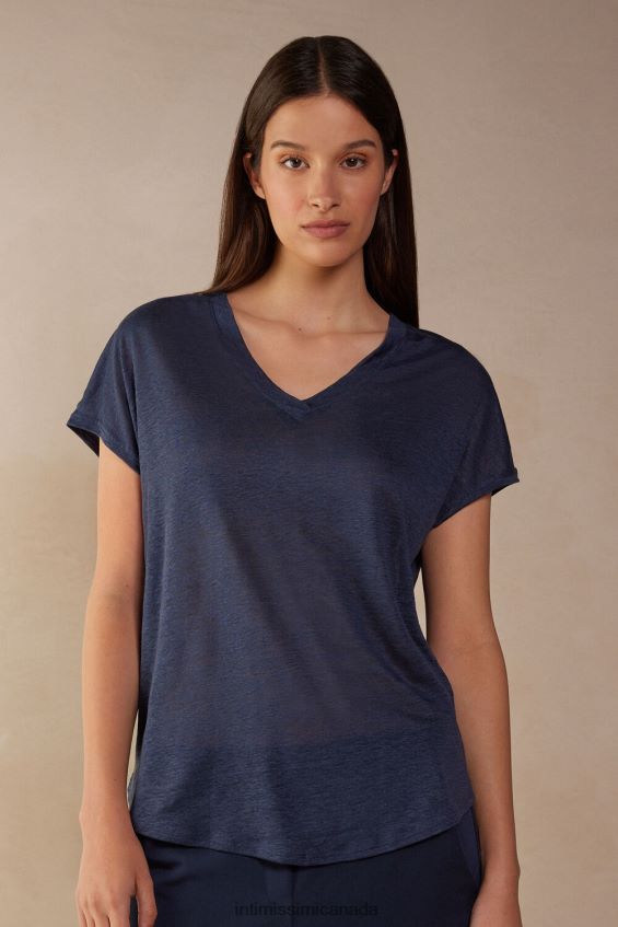 Apparel CA Intimissimi Women Short-sleeved Linen Top with V Neck 243J-Sailor Blue DD6R6T1302