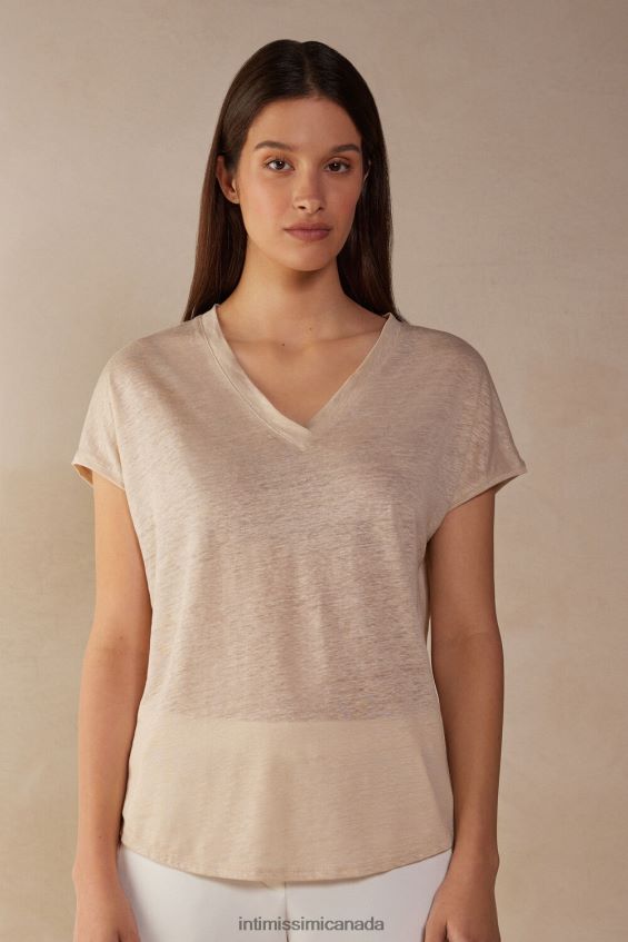 Apparel CA Intimissimi Women Short-sleeved Linen Top with V Neck 913I-Beige Rope DD6R6T1297